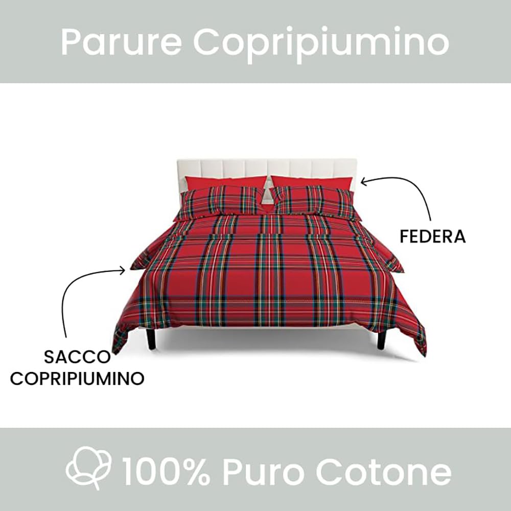 INTRECCI Parure Copripiumino Natalizio Tartan Scozzese Rosso 1 Piazza e Mezza, Set Sacco Piumino e Federe in Puro Cotone Fantasia di Natale Tartan Parure Letto Piazza e Mezza