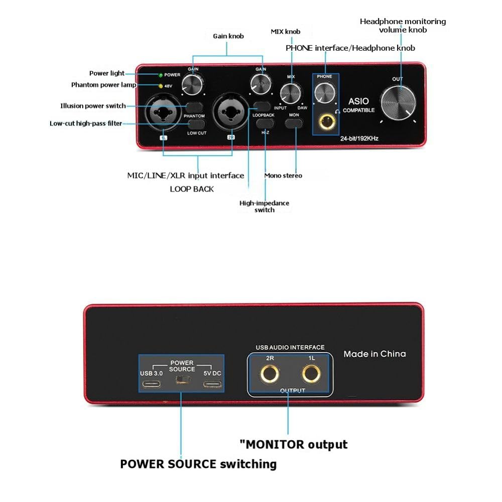 Tarjeta de Sonido Profesional ASIO Audio de 2 Canales con Interfaz de Audio USB, Tarjeta de Sonido Externa para Grabación en Directo