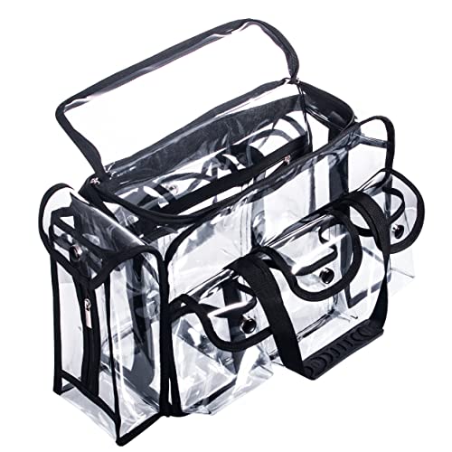 Wide Open Large Professional Clear Pvc Travel Makeup Artist Set Bag Cosmetic Nails Beauty Bag Transparent Vinyl Tool Organizer Work Bag Beach Bag Diaper Bag With 6 External Pockets & Strap (Black) #TOP6