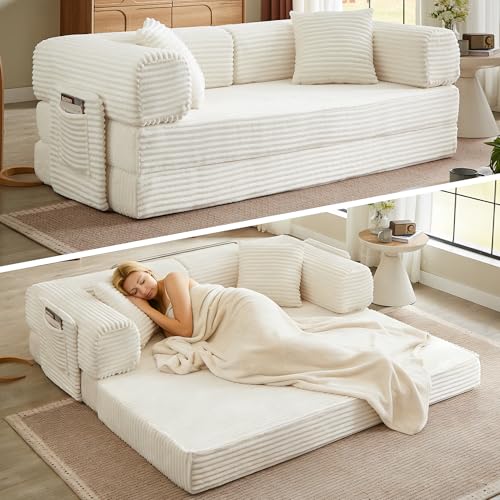 Image of Boneless Couch Futon Sofa Bed Sectional Couches for Living Room,Cloud Couch with Sleeper Sofa,Sofas for Living Room Oversized Corduroy Upholstered (White, 81 Inches (with Iron Frame))