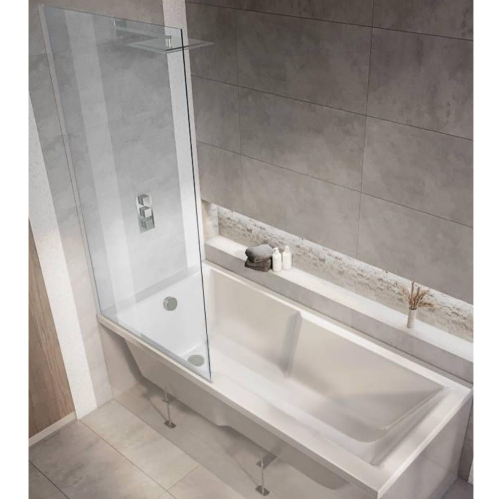 Milano Elswick White 1700mm x 750mm Single Ended Square Shower Bath Chrome Screen