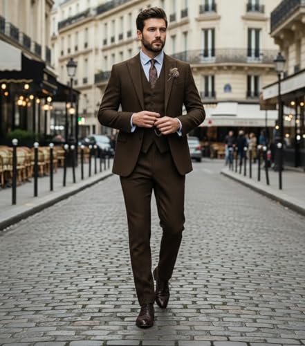 Vintage Men Suits Regular Fit 3 Piece Tuxedos Tweed Herringbone Jacket + Waistcoat + Trousers for Wedding Grooms4