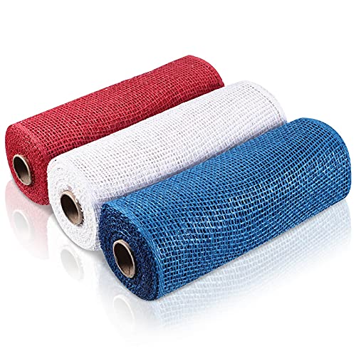 Chuangdi 3 Rolls Poly Burlap Deco Mesh 10 Inch Blue Red White Deco Poly Decorative Mesh Ribbon Wrapping Ribbon Rolls for Home Door Wreath Decoration DIY Crafts Making