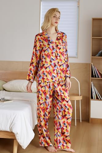Image of YiNi LuLu Womens Silk Satin Pajamas Set Button Down 2 Piece Pjs Long Sleeve Oversized Sleepwear with Pockets