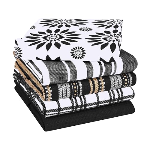 CottonCove Assorted Kitchen Towels Large 16x26 inches 100% Cotton Set of 5 - Soft Absorbent Washable Tea Towel for Kitchen - Dish Cloths with Hanging Loop - Quick Drying Dish Towels Black