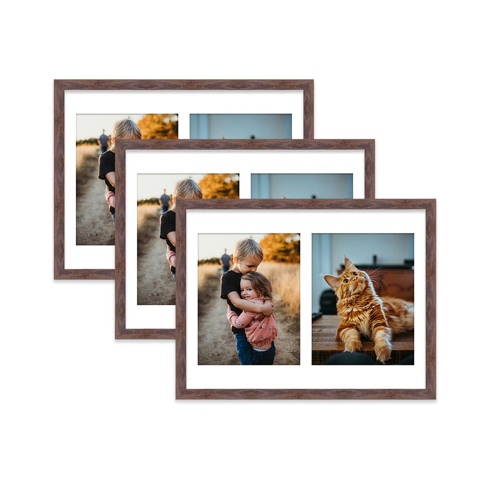 Walnut Multi Photo Frame - Holds 2 x 9x7 Pictures, Family Collage Picture Frame for Wall Display, 16x12 Frame size, Set of 3