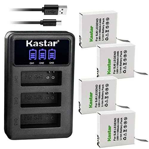 Kastar 4 Pack Battery and LCD Triple USB Charger Compatible with SJCAM SJ6 Legend SJCAM SJ 6 Battery and Charger, SJCAM SJ6 Legend 4K Action Camera, SJCAM SJ6 Legend Sport Camera