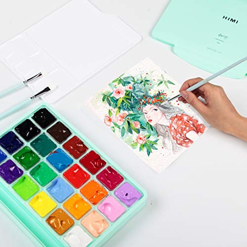 Himi Gouache Paint Set 24 Vibrant Colors Non Toxic Paints Jelly Cup Design With Palette Paint Brushes Portable For Artist Canvas Painting Watercolor Papers, Rich Pigment, 30Ml/Cup #TOP5