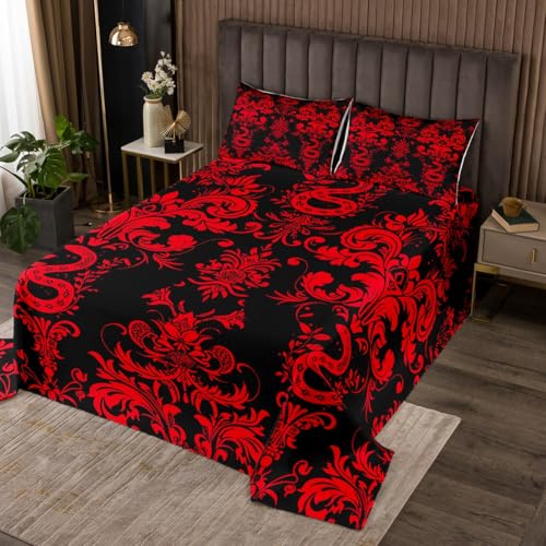 Homewish Gotische Schlange Tagesdecke für Jungen Mädchen Teenager,Roter & Schwarzer Damask Steppdecke 220x240cm Exotisches Dekor Goth Tagesdecken Boho Vintage Floral Steppdecken raumdekor Mikrofaser