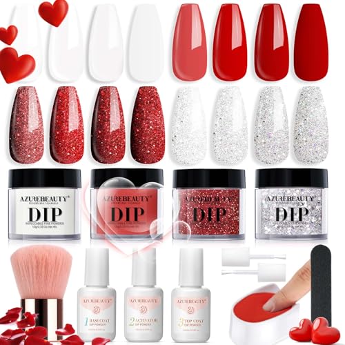 AZUREBEAUTY Kit Inicial para Unhas Em Pó de Imersão Berry Red Milky White Silver Glitter, Conjunto d