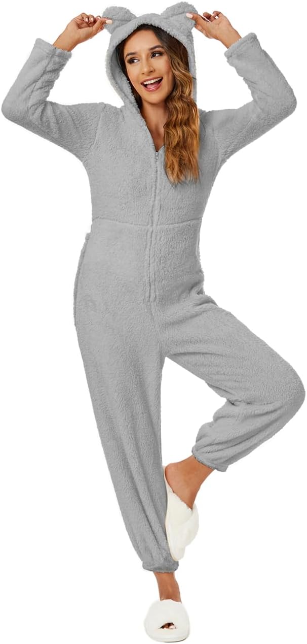 Women's Warm Fuzzy Fleece Hooded Romper Pant Playsuit Jumpsuit, Women's Cute Warm Fuzzy Fleece One Piece Outfit Pajamas (Light Gray, S) - Image 4