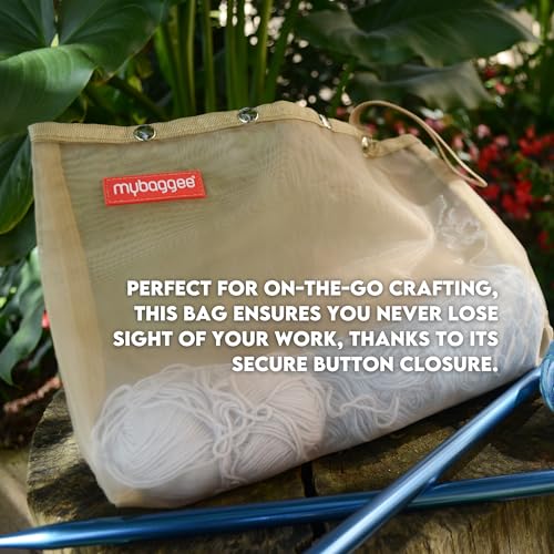 Image of Medium 4 Snaps Mesh Travel Knitting Bag with Snap Opening, Lightweight Nylon Storage Pouch for Yarns, Needles and Accessories (Beige)