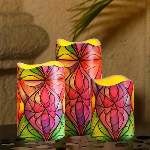 Image of Remote Flameless Candles-Set of 3 Stained Glass LED Pillar Candles Battery Operated Candle with Timer, 4 inch 5 inch 6 inch for Home Window Shelf Decor