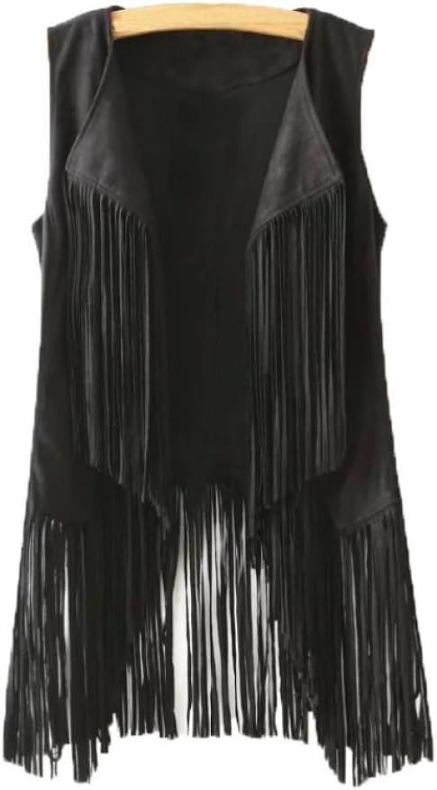 Womens Fringe Vest 70s Hippie Costume Sleeveless Cowgirl Western Outfits Faux Suede Tassel Cardigan Waistcoats