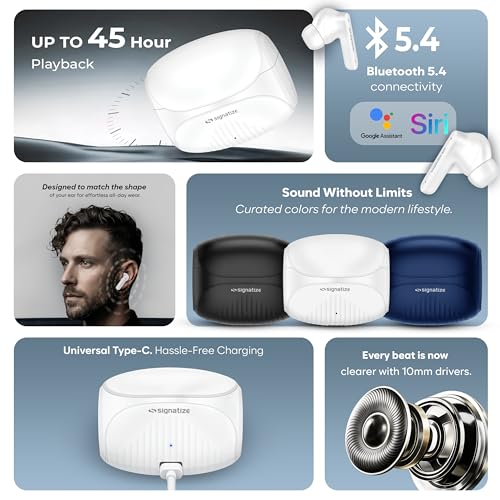Image of True Wireless Earbuds with 45H Playtime, 10mm Deep Bass Drivers, Bluetooth 5.4, Low Latency, Ergonomic Natural Fit, and Type-C Fast Charging (White)