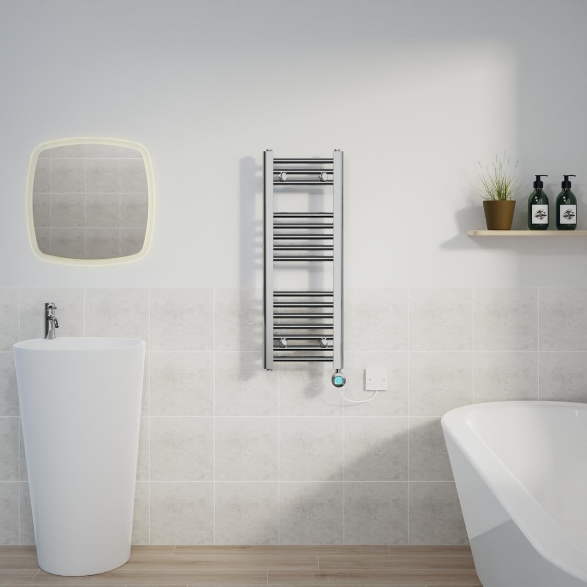 Warmehaus Prefilled Electric Thermostatic Heated Towel Rail Bathroom Ladder Radiator Straight with 400W LCD Display Timer Electric Heating Element Chrome 800x300mm
