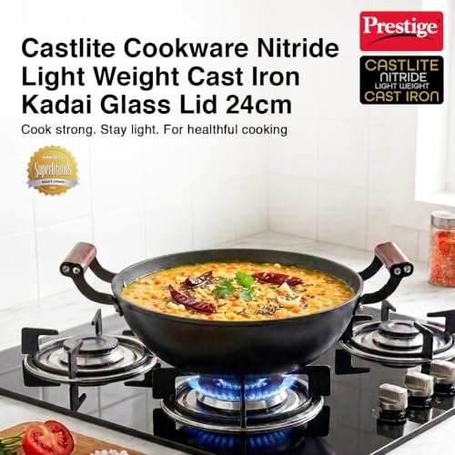 Image of Prestige Nitride Lightweight Cast Iron Kadai 24cm /2.4L with Glass Lid | Castlite Series | Durable & Easy to Clean | Enamel Coated | Gas & Induction Compatible | 15Y Product Warranty