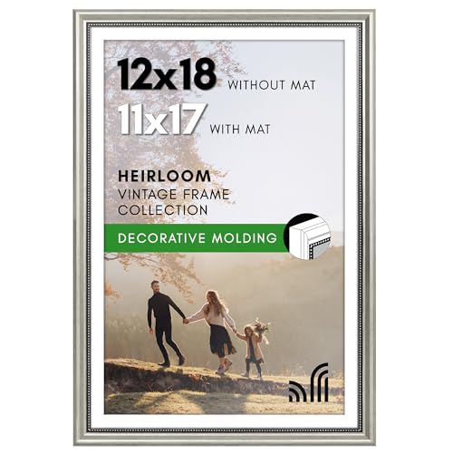 Americanflat Vintage Frames - 12x18 Poster Frame with Beaded Accents and Polished Plexiglass - Use as 11x17 Frame or Display 12x18 Photos Without Mat - Heirloom Collection - Wall Display - Silver