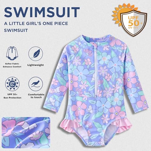 Image of UMELOK Baby Girls One Piece Swimsuit Infant Bathing Suit Long Sleeve Rash Guard Swimwear with UPF 50+ Sun Protection