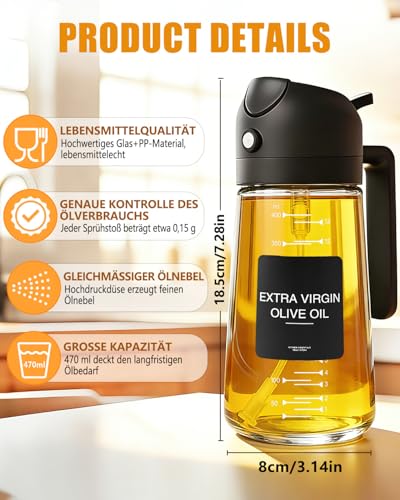 MRUN BONE 2 in 1 Ölsprüher für Speiseöl, Sprühflasche Öl, 470ML Cooking Oil Sprayer, Ölausgießer für Heißluftfritteuse, Sprühöl… – Ansicht 2