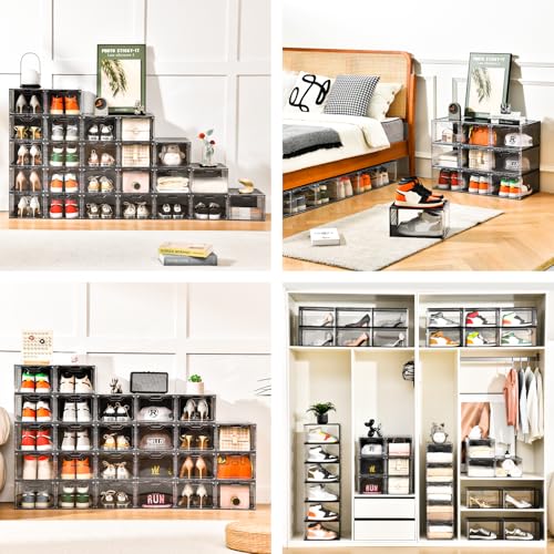 Image of Clemate Upgraded X-Large Shoe Organizer,Shoe Storage Organizer,12 Pack,Shoe Box Clear Plastic Stackable,Drop Front Shoe Box with Clear Door, Shoe Containers For Sneaker Display,Fit up to US Size12