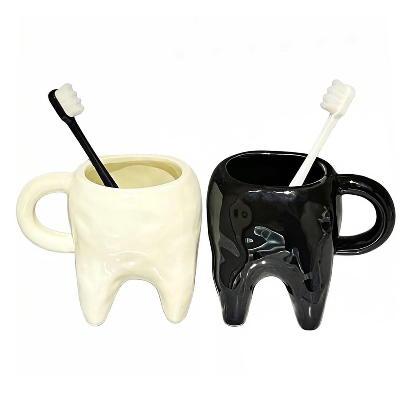 Toothbrush Holder 2 Pcs Ceramic Mouthwash Cups Tooth-Shaped Porcelain Toothbrush Holders Reusable Mouthwash Cup