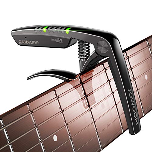 JOWOOM Grabtune Acoustic Guitar Capo-Tuner | 2 In 1 Equipment | Precise and Accurate Tuning System | Full Color LED Edge Lighting Display | USB Rechargeable Battery | Chrome Plating (Black)