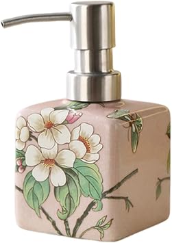 Handmade Cubic Shaped Ceramic Soap Dispenser for Bathroom Kitchen Shower Decorative Chinese Refillable Hand Lotion Pump Bottle for Liquid Soap Shampoo Lotions Apple Flower Pink