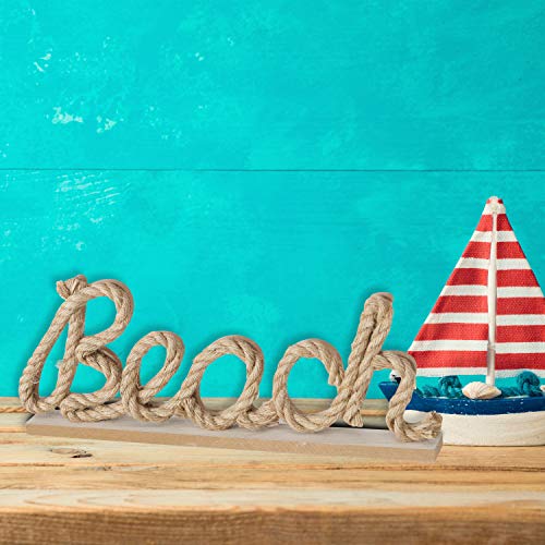 Whw Whole House Worlds Beach Word Art, Table Top Sculpture, Flat Base, Jute Rope, Plywood, Rustic Seaside Ambiance, 15.75 L X 1.5 W X 6.0 H Inches, #TOP1