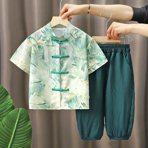Kids Boys Chinese Tang Pants Outfits Short Sleeve Buckle Shirts Solid Color Pants Toddler Boys Stylish Clothes Set3