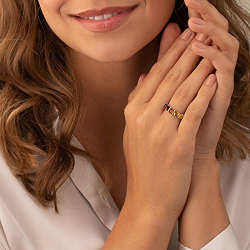 Peora Genuine Baltic Amber Five-Stone Multicolor Half-Eternity Ring Band For Women In Sterling Silver, Comfort Fit, Size 8 #TOP1