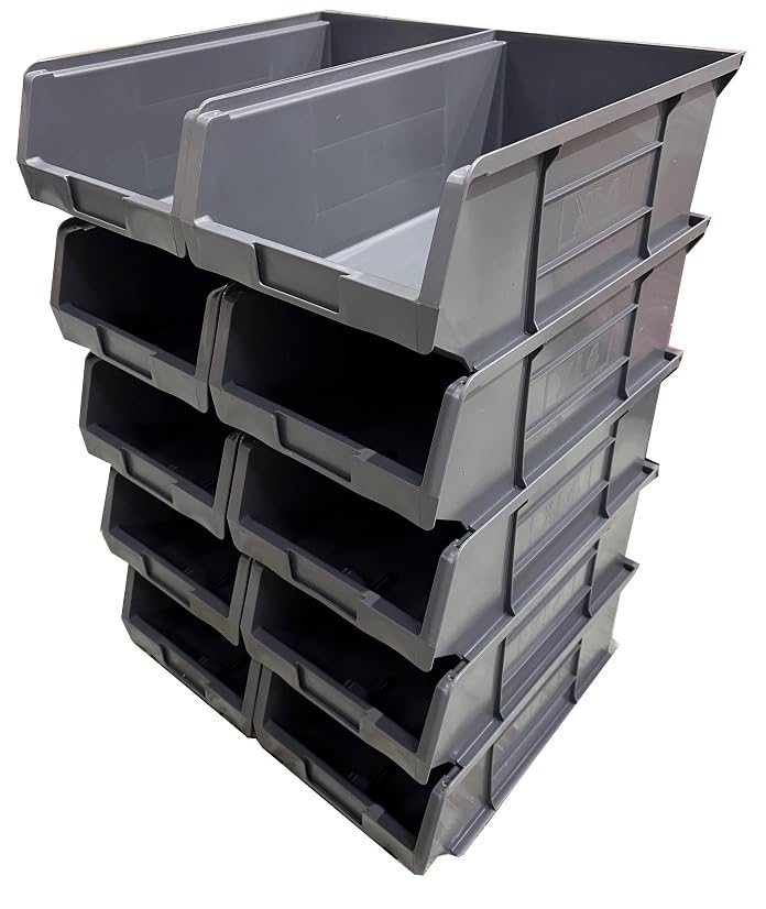Solent Plastics 10 x XL4 Size 4 Small Parts Plastic Open Fronted Storage Stackable Bins 9 Litre Linbin Order Picking Stacking Boxes (Pack of 10) (Grey)