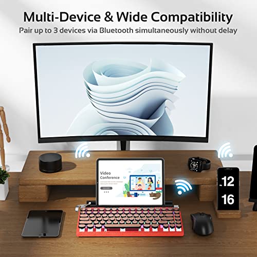 Taiahiro Wired & Wireless Retro Multi-Device Mechanical Typewriter, Compact 80% Layout Keyboard, Hotswappable, Bluetooth 5.0, Round Keycaps, Led Backlit, For Windows/Macos/Android/Linux, Red Switch #TOP3