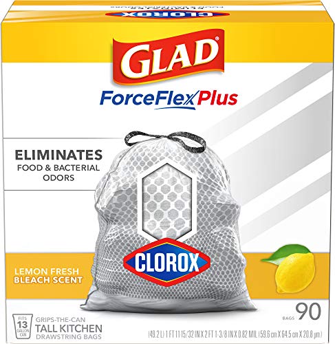 Glad Tall Kitchen Trash Bags ForceFlex Plus with Clorox, 13 Gallon, Lemon Fresh Bleach Scent 90 Count (Package May Vary)