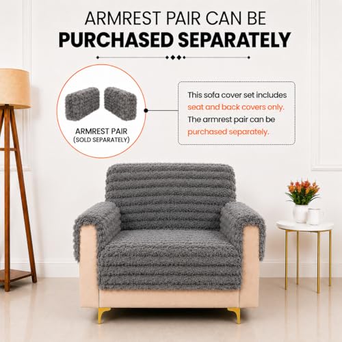 Image of Homerz Premium Rabbit Fur Sofa Cover with Anti-Skid Backing, Soft Plush Fabric Sofa Protector for Living Room Furniture (Grey, 1 Seater, Seat Cover with Backrest)