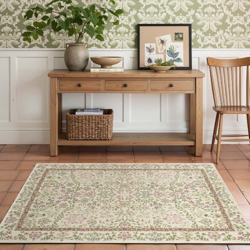 Image of TOPICK Vintage Floral Area Rug 90x150cm Soft Machine Washable Non Slip Rug Low-Pile Thin Carpet for Living Room Kitchen Bedroom Bathroom Green/Purple