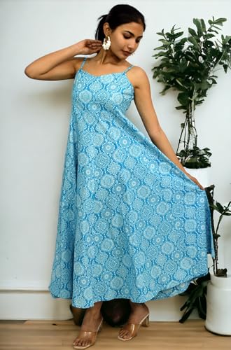Image of JAIPUR HAND BLOCK Cotton Sleeveless Long Flared A Line Dress|Gown (S00063)