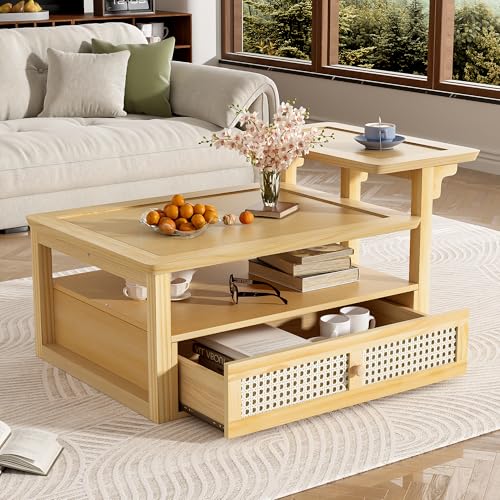 Modern Rattan Coffee Table with Storage, 2-Tier Tabletop Coffee Table with Drawer & Open Shelf, Solid Wood Living Room Coffee Table, Natural Finish
