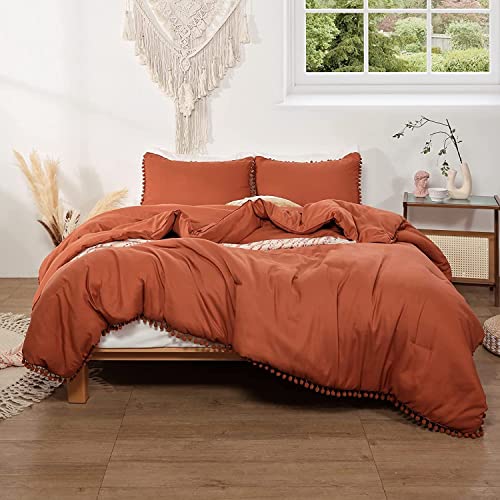 Smoofy Pom Fringe Comforter Set Full Size Burnt Orange Boho Chic Cute Ball Pom Bedding Set Cali Soft Warm Vintage Lightweight Solid Comforter 3 Pieces (1 Pom Comforter, 2 Pillowcases) #TOP3