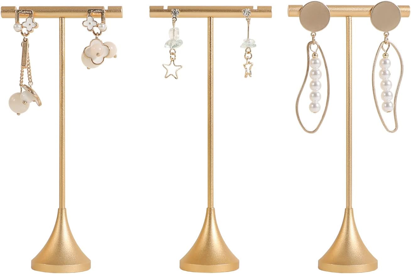 GemeShou 3pcs Gold Earring T bar Stand with stable base, Metal earring display holder for show, Small jewelry studs hanger shelf for Online store Photo Shoot【Gold-Cone Base 3pcs Height 5.1"】