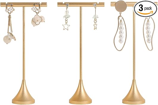3pcs Gold Earring T bar Stand with stable base, Metal earring display holder for show, Small jewelry studs hanger shelf for Online store Photo ShootGold-Cone Base 3pcs Height 5.1"