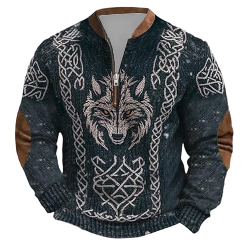 3D Printed Sweatshirts for Men Vintage 1/4 Zipper Hiking Sweatshirts Casual Fashion Norse Myth Long Sleeve Outfits Black,L