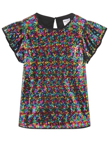 Image of Noomelfish Girls Short Sleeve Sequin Shirts Party Glitter Sparkly Tops Blouse (5-12 Years)