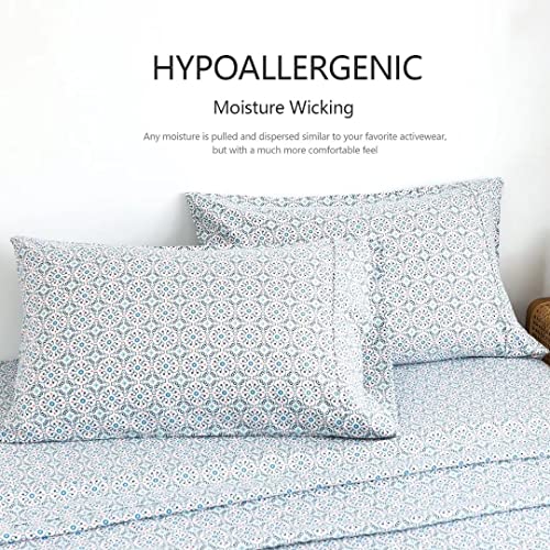 King Sheet Set 4Pc Printed Floral Pattern Double Bed Luxury Cooling Soft 100% Microfiber Brushed Sheets 17” Deep Pocket, Easy Care, Breathable, Wrinkle Free, Machine Washable Bedding – (Blue Boho) #TOP6