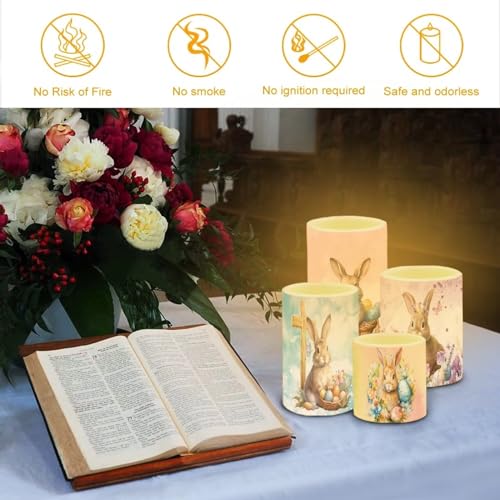 Image of Flameless Light Candles Home Ornaments Battery Operated Candles with Color Changing Timer Remote Control Fake Pillar Candles Tealights Easter Home Decoration, Easter Bunny Colorful