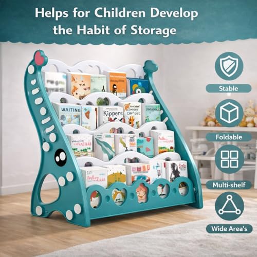 Image of Hukimoyo Kids Book Shelf Cabinet for Kids for Home Front Facing Display Storage Bookshelf Rack, 4‑Tier Book Shelves Rack for Playroom Montessori, Playschool, Home
