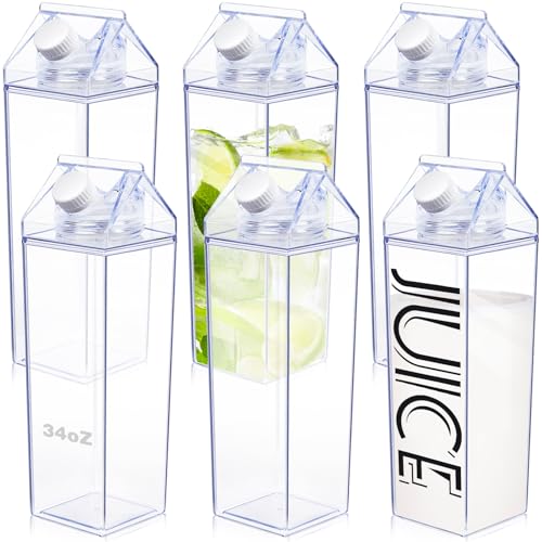 KALYLOC Milk Carton Water Bottle, 34 oz Clear Plastic Milk Box Square Juice Bottle, Portable Reusable Milk Bottles Bulk Water Container for Outdoor Sports Travel Camping Activities (Clean 6pcs)