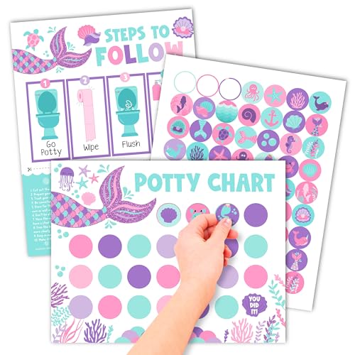 Hadley Designs Potty Training Chart for Toddlers Girls -10 Sticker Potty Chart for Toddlers Girls, 8.5x11" Potty Training Sticker Charts for Toilet Success, Mermaid Toddler Reward Chart for Kids