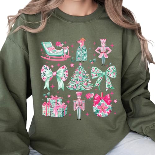Christmas Graphic Nutcracker Sweatshirt, Merry Christmas Coquette Tee, Family Matching Christmas Pajamas, Cute Xmas Ribbon Sweater, Christmas Tree Hoodie, Christmas Party Crewneck Multi Color