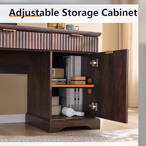 Image of 58 inch Modern Wood Executive Desk with 5 Drawers & 1 Cabinet, Built‑in Outlet | Fluted Computer Writing Desk for Study, Living Room, Bedroom, Dark Walnut